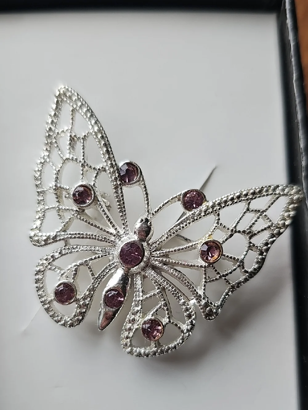 NIB Vintage Silver Butterfly Brooch with Purple Gem Accents
